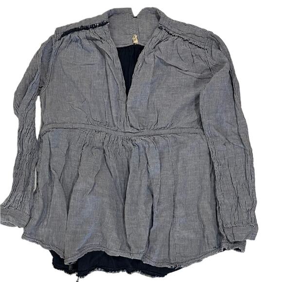 Free People Babydoll Top Womens Size Small Blue Striped Long Sleeve V Neck Basic - Picture 1 of 11